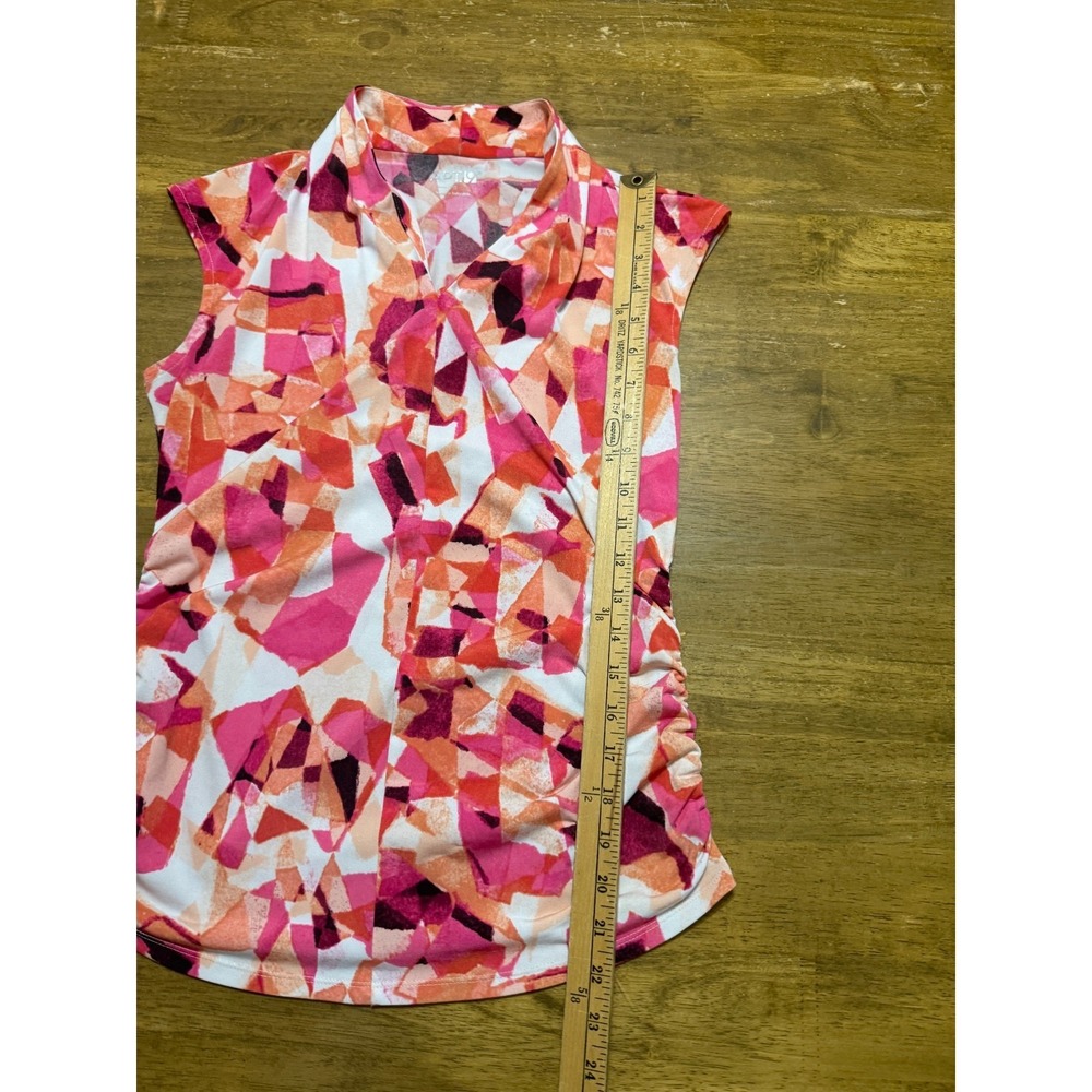 APT. 9 Blouse, Women's Petite Small, Orange Pink White Black Short Sleeve V-neck - Picture 4 of 6
